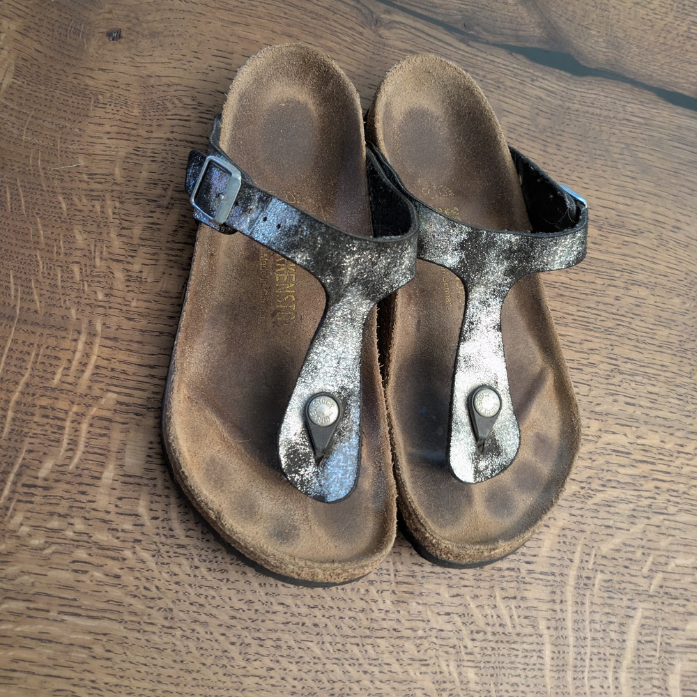 Birkenstock Silver and Black Sandals with Cork Footbed